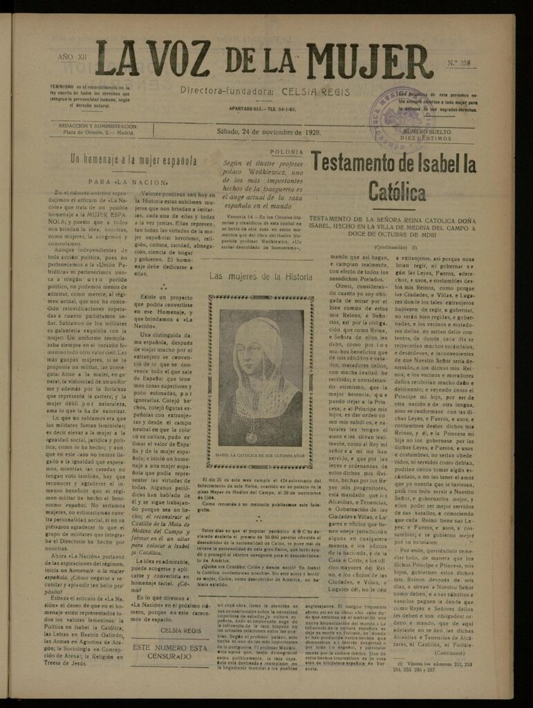 Miniatura de La Voz de la Mujer: revista mensual dedicada a la defensa de la mujer española del 24 de noviembre de 1928, nº 258