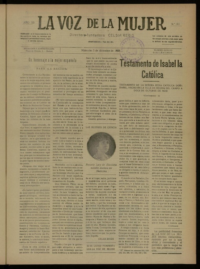Miniatura de La Voz de la Mujer: revista mensual dedicada a la defensa de la mujer española del 5 de diciembre de 1928, nº 261