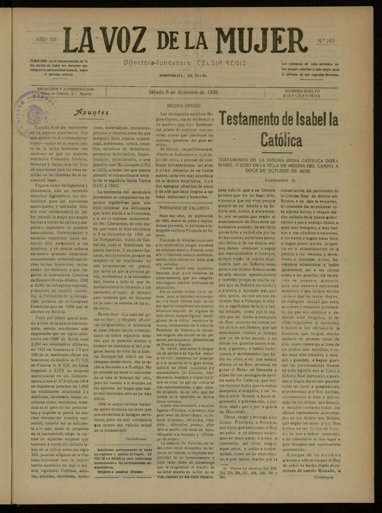 Miniatura de La Voz de la Mujer: revista mensual dedicada a la defensa de la mujer española del 8 de diciembre de 1928, nº 262