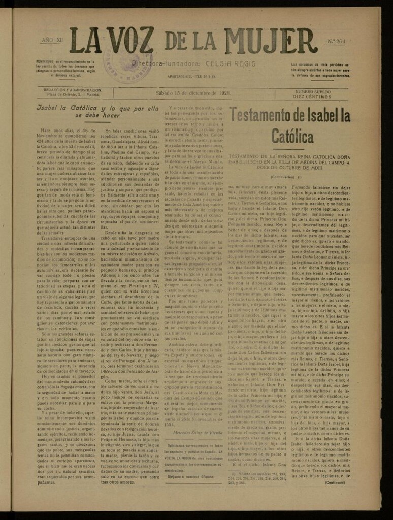 Miniatura de La Voz de la Mujer: revista mensual dedicada a la defensa de la mujer española del 15 de diciembre de 1928, nº 264