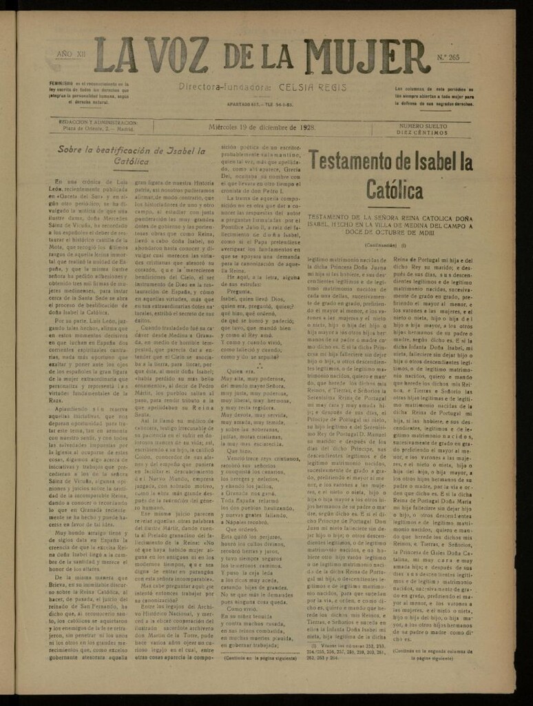 Miniatura de La Voz de la Mujer: revista mensual dedicada a la defensa de la mujer española del 19 de diciembre de 1928, nº 265