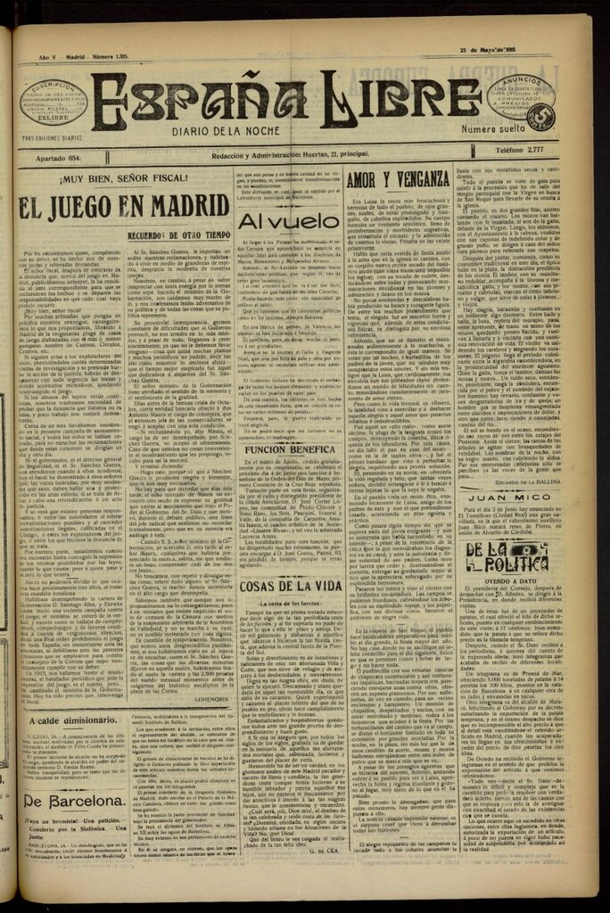 Miniatura de España Libre : Diario de la noche del 25 de mayo de 1915, nº 1315