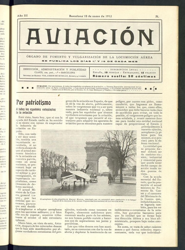 Miniatura de Aviación (Barcelona) del 15 de enero 1912, s/n [sic]