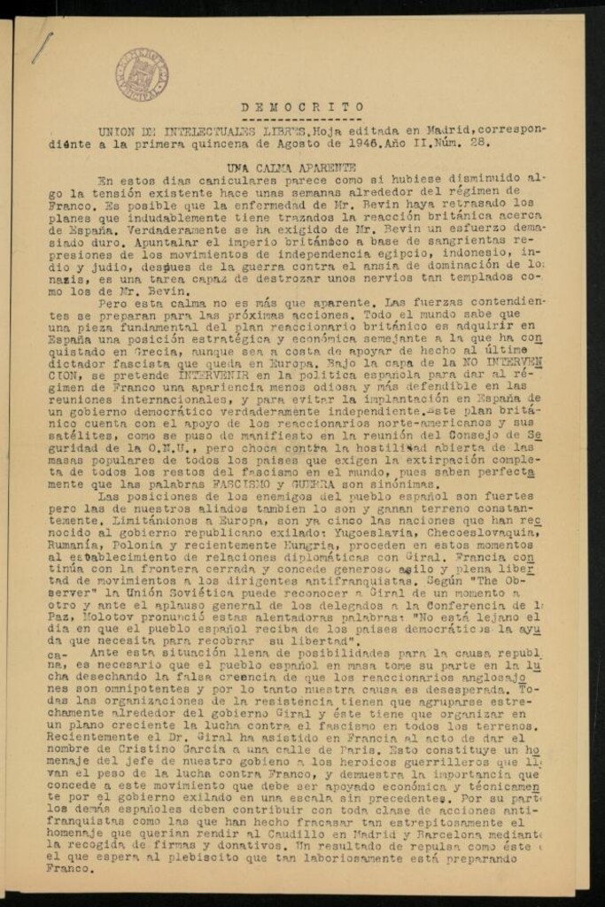 Miniatura de Demócrito / Unión de Intelectuales Libres de la primera quincena de Agosto de 1946, nº 28.