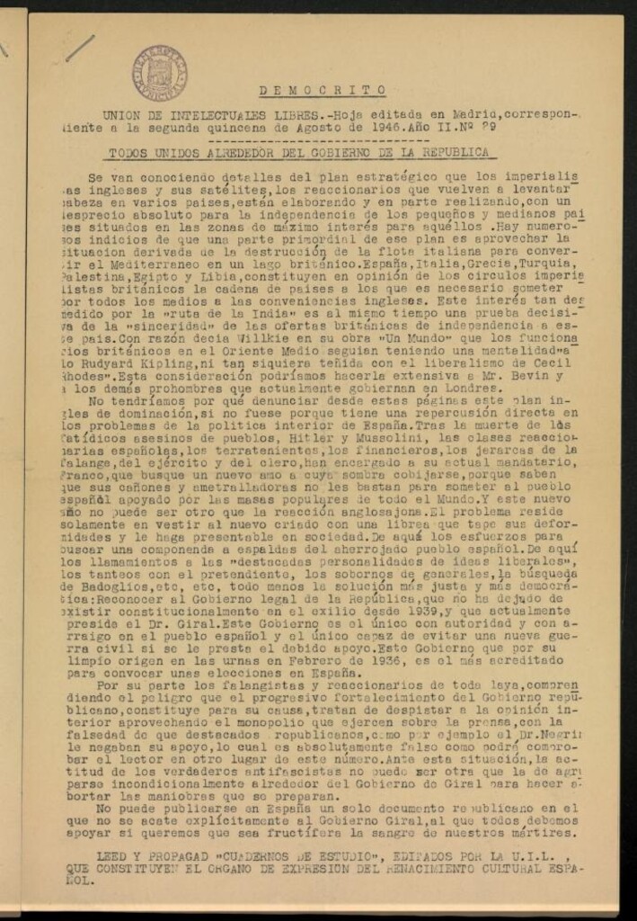 Miniatura de Demócrito / Unión de Intelectuales Libres de la segunda quincena de Agosto de 1946, nº 29.
