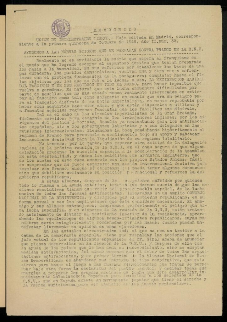 Miniatura de Demócrito / Unión de Intelectuales Libres de la primera quincena de Octubre de 1946, nº 32.