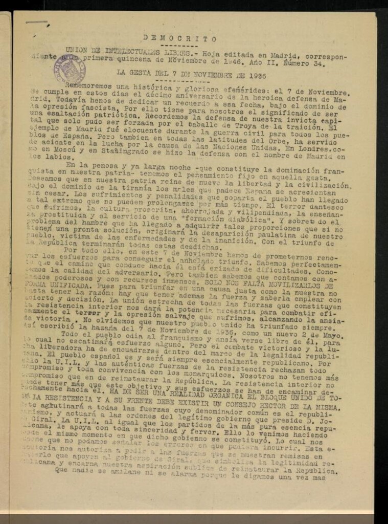 Miniatura de Demócrito / Unión de Intelectuales Libres de la primera quincena de Noviembre de 1946, nº 34.