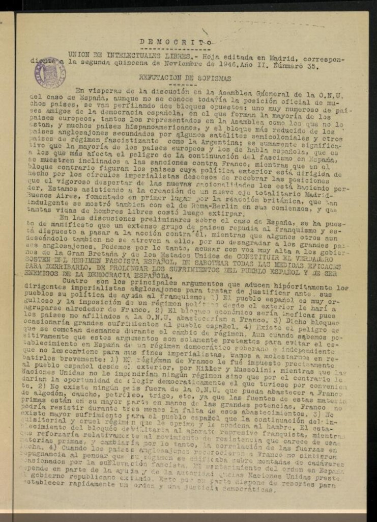 Miniatura de Demócrito / Unión de Intelectuales Libres de la segunda quincena de Noviembre de 1946, nº 35.