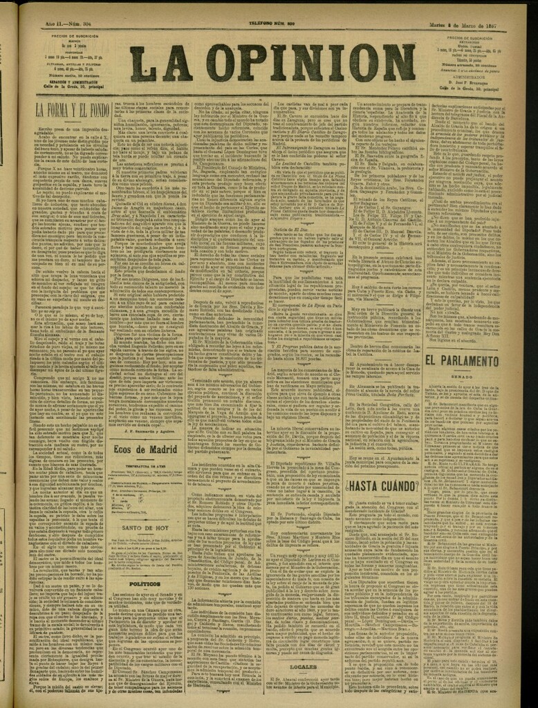 Miniatura de La Opinión del 8 de marzo de 1887, nº 304