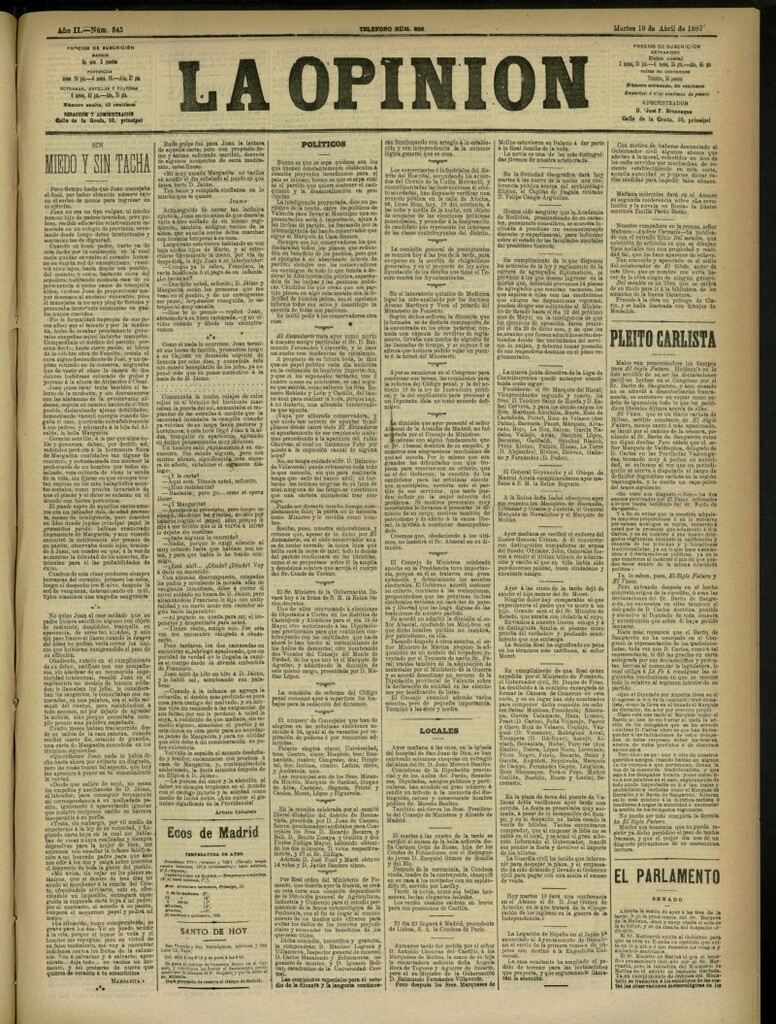 Miniatura de La Opinión del 19 de abril de 1887, nº 345