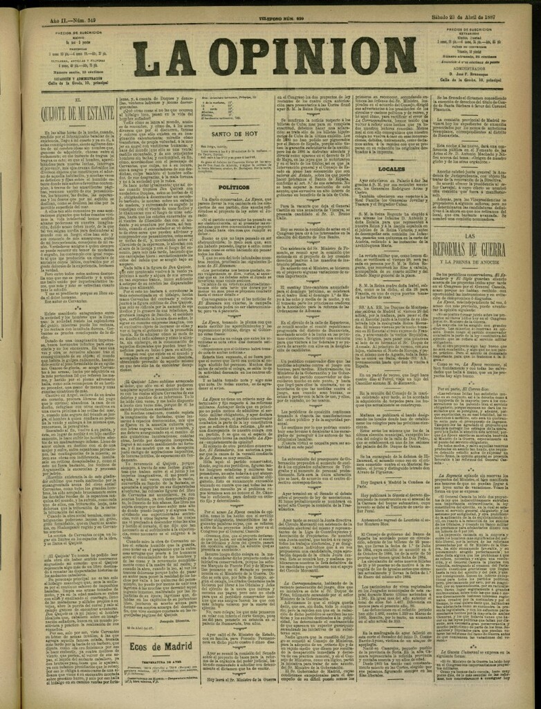 Miniatura de La Opinión del 23 de abril de 1887, nº 349