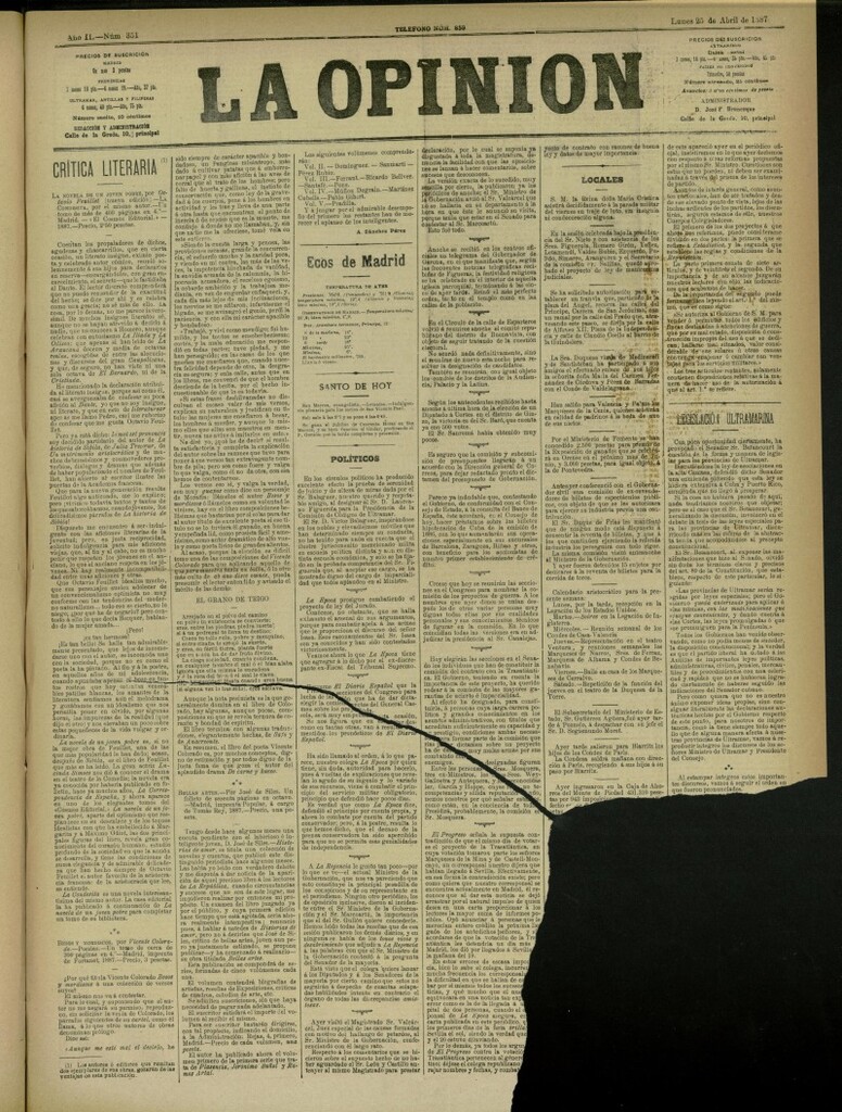 Miniatura de La Opinión del 25 de abril de 1887, nº 351