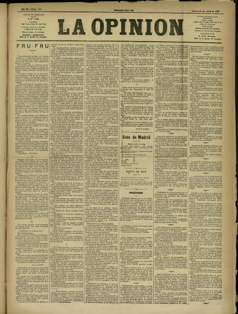 Miniatura de La Opinión del 26 de abril de 1887, nº 352