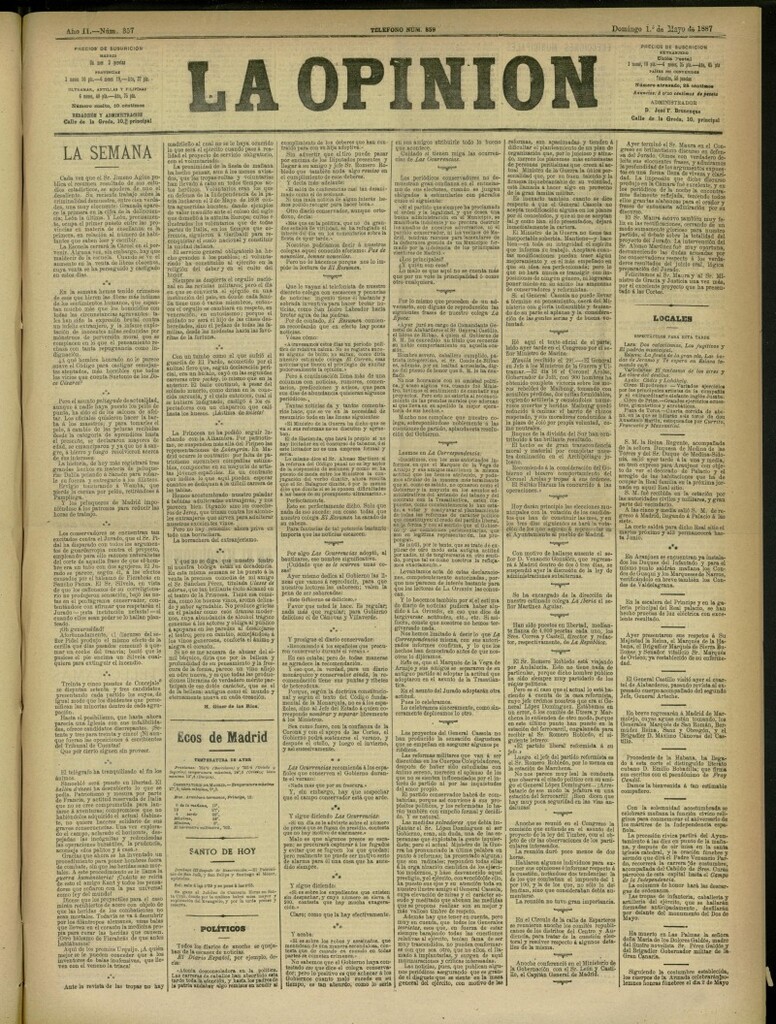 Miniatura de La Opinión del 1 de mayo de 1887, nº 357