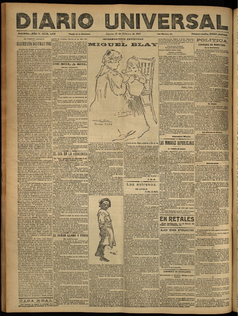 Miniatura de Diario Universal del 28 de febrero de 1907, edición de noche