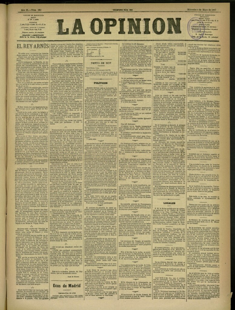 Miniatura de La Opinión del 4 de mayo de 1887, nº 360