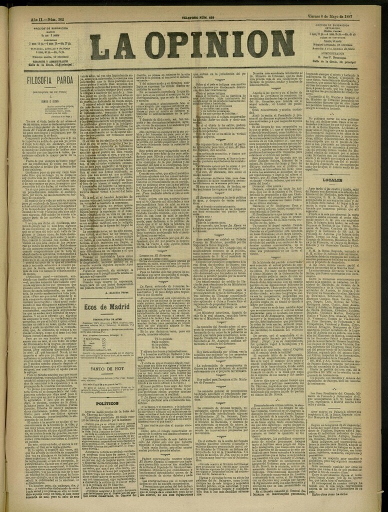 Miniatura de La Opinión del 6 de mayo de 1887, nº 362