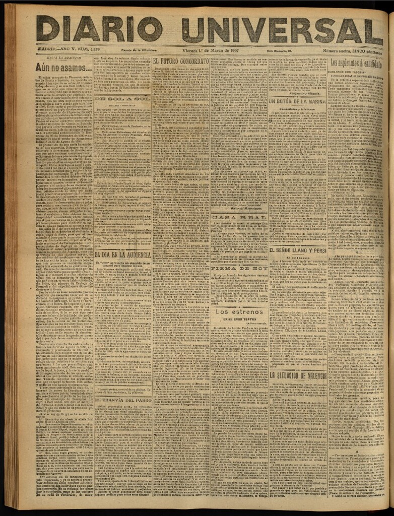 Miniatura de Diario Universal del 1 de marzo de 1907, edición de tarde