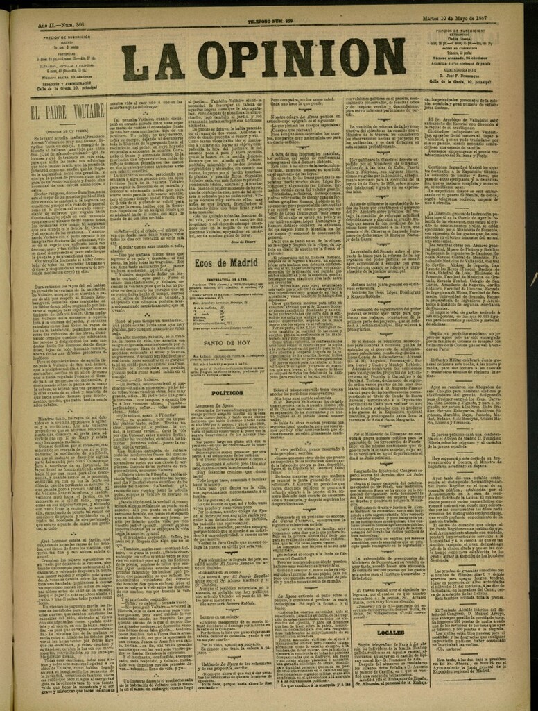 Miniatura de La Opinión del 10 de mayo de 1887, nº 366