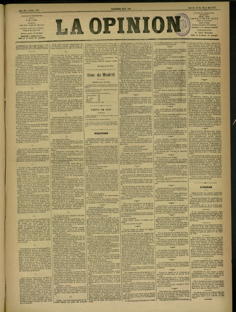Miniatura de La Opinión del 12 de mayo de 1887, nº 368