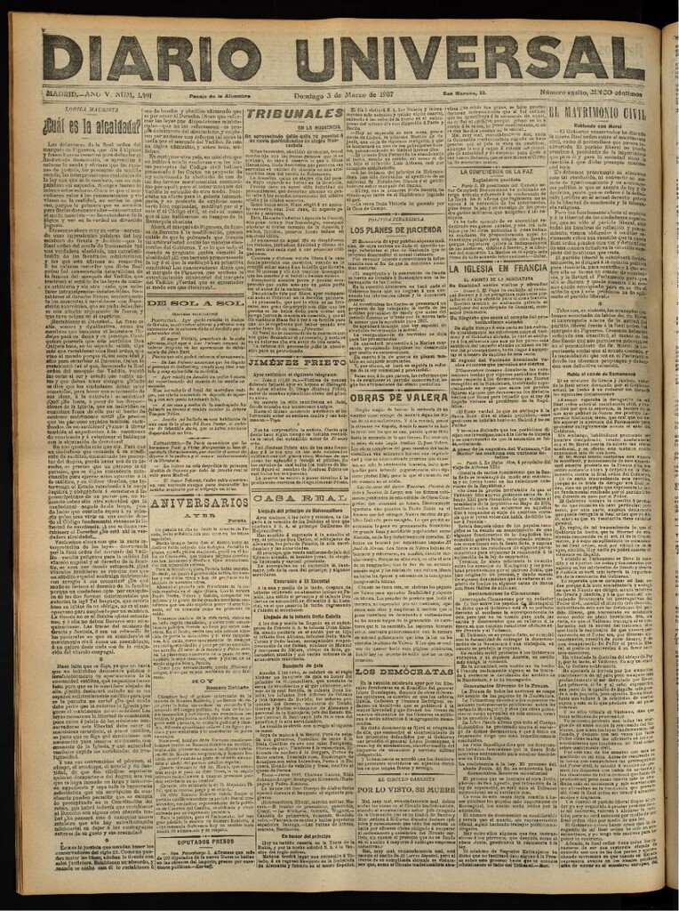 Miniatura de Diario Universal del 3 de marzo de 1907, edición de tarde