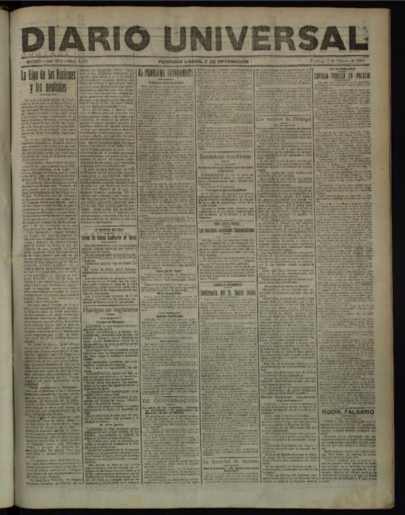 Miniatura de Diario Universal del 2 de febrero de 1919