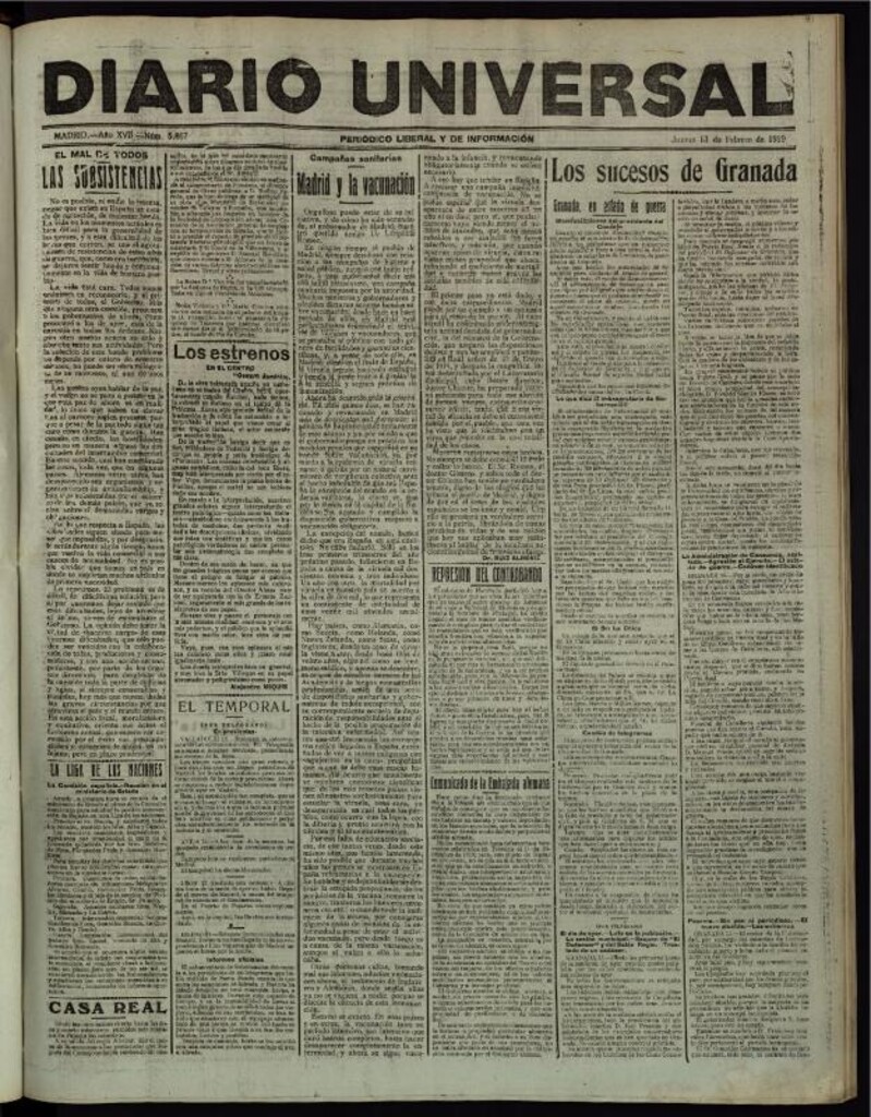 Miniatura de Diario Universal del 13 de febrero de 1919
