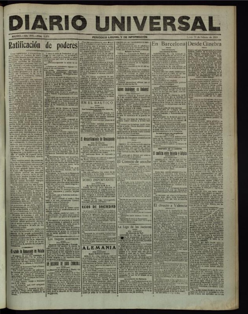 Miniatura de Diario Universal del 24 de febrero de 1919