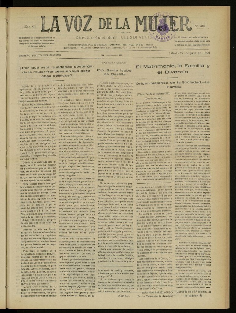 Miniatura de La Voz de la Mujer: revista mensual dedicada a la defensa de la mujer española del 27 de julio de 1929, nº 310