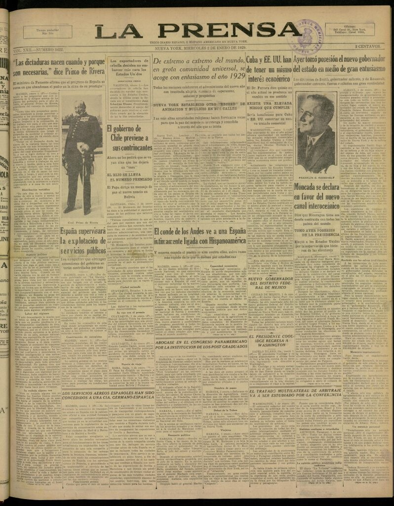 Miniatura de La Prensa: único diario español e hispano americano en Nueva York, del 2 de enero de 1929, nº 3422