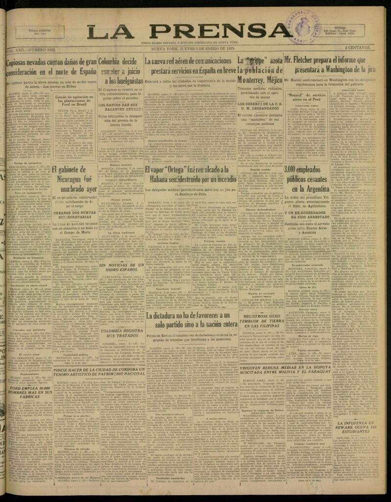 Miniatura de La Prensa: único diario español e hispano americano en Nueva York, del 3 de enero de 1929, nº 3423