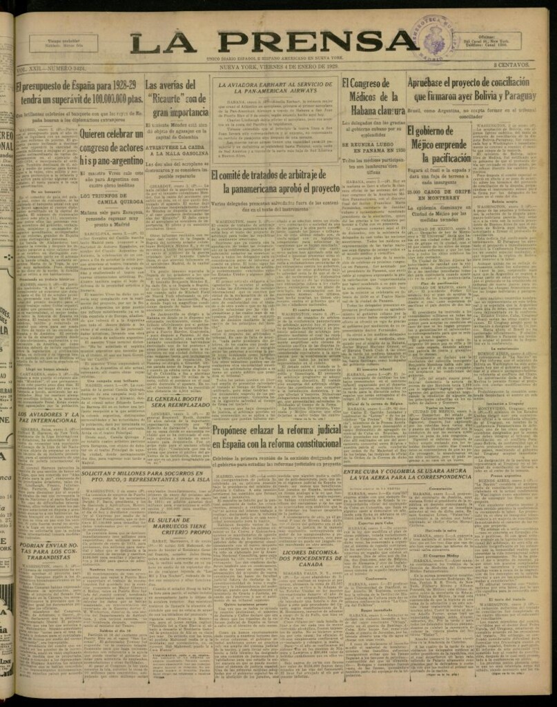 Miniatura de La Prensa: único diario español e hispano americano en Nueva York, del 4 de enero de 1929