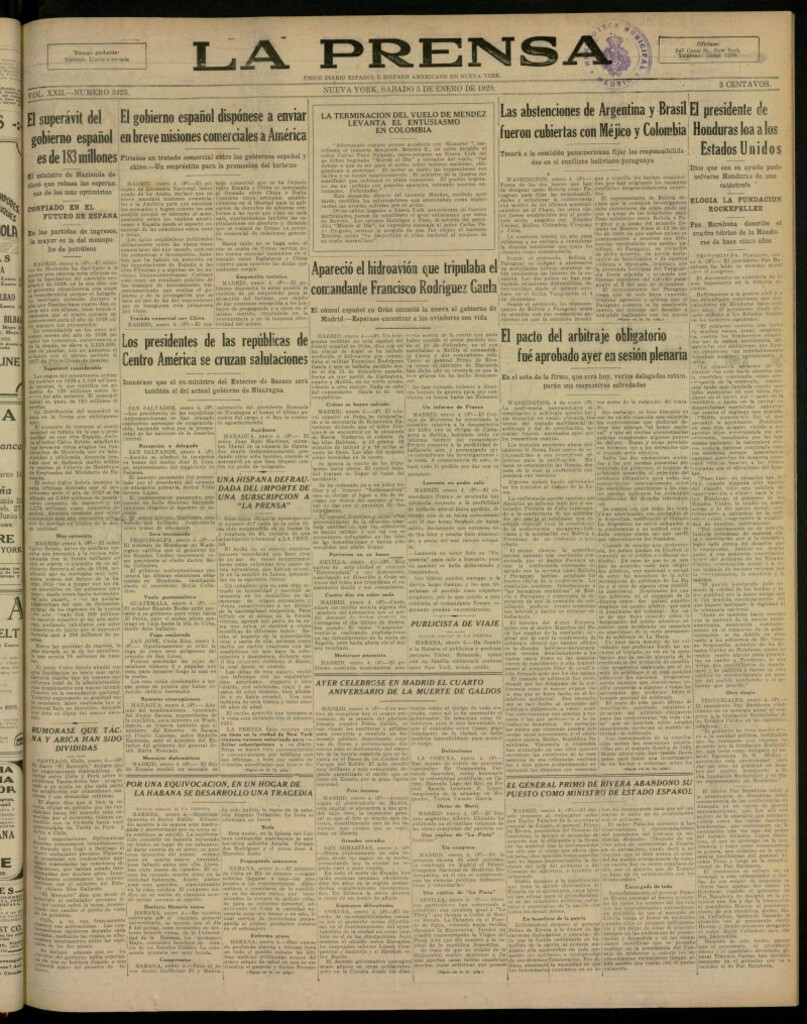Miniatura de La Prensa: único diario español e hispano americano en Nueva York, del 5 de enero de 1929, nº 3425