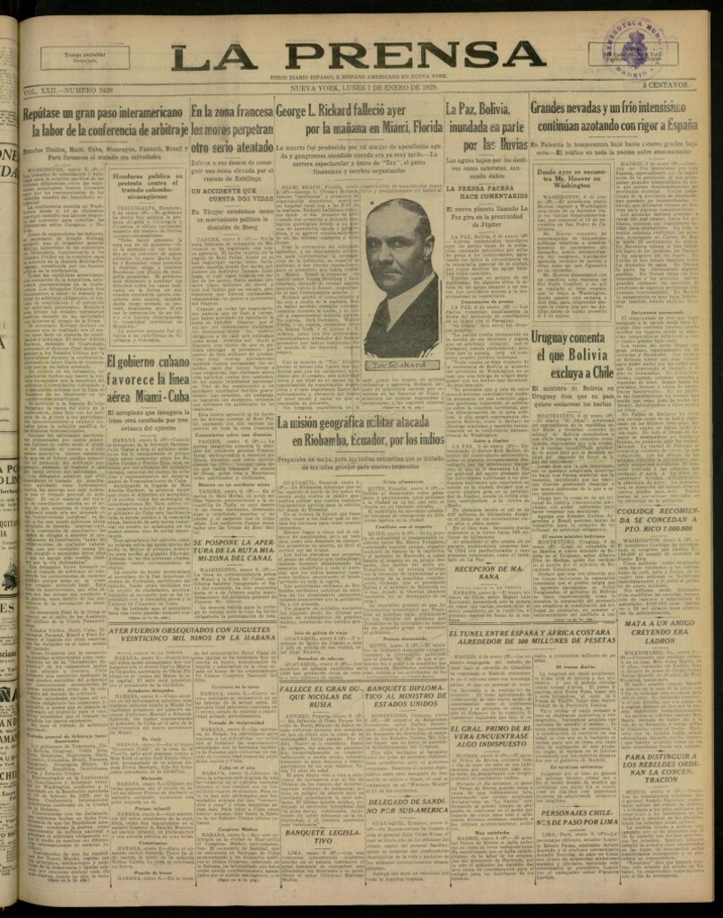 Miniatura de La Prensa: único diario español e hispano americano en Nueva York, del 7 de enero de 1929, nº 3426