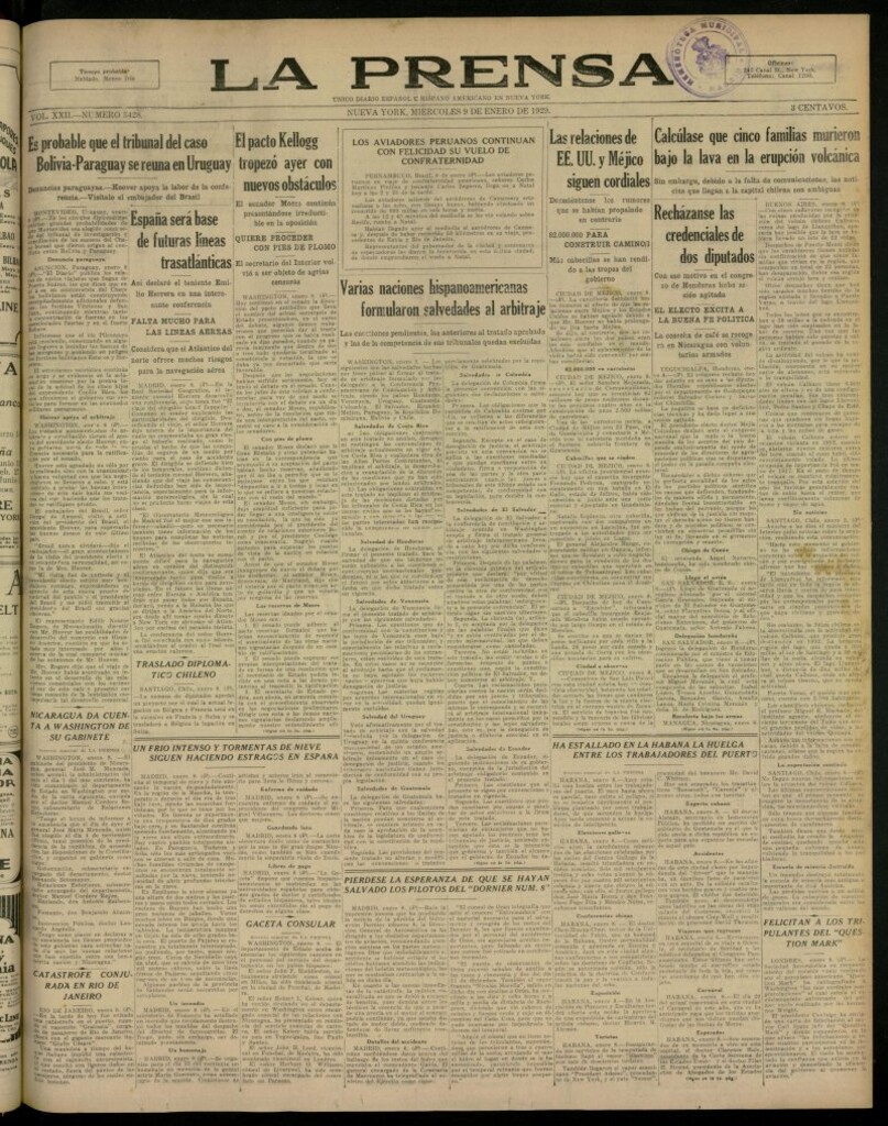 Miniatura de La Prensa: único diario español e hispano americano en Nueva York, del 9 de enero de 1929, nº 3428