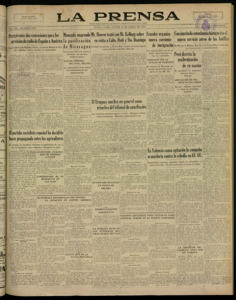 Miniatura de La Prensa: único diario español e hispano americano en Nueva York, del 10 de enero de 1929, nº 3429