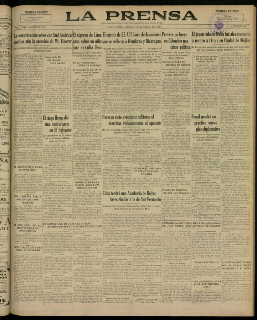 Miniatura de La Prensa: único diario español e hispano americano en Nueva York, del 12 de enero de 1929, nº 3431