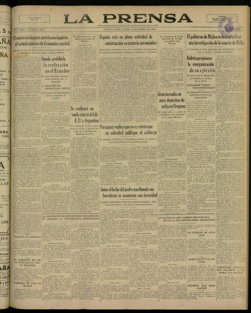 Miniatura de La Prensa: único diario español e hispano americano en Nueva York, del 14 de enero de 1929, nº 3432