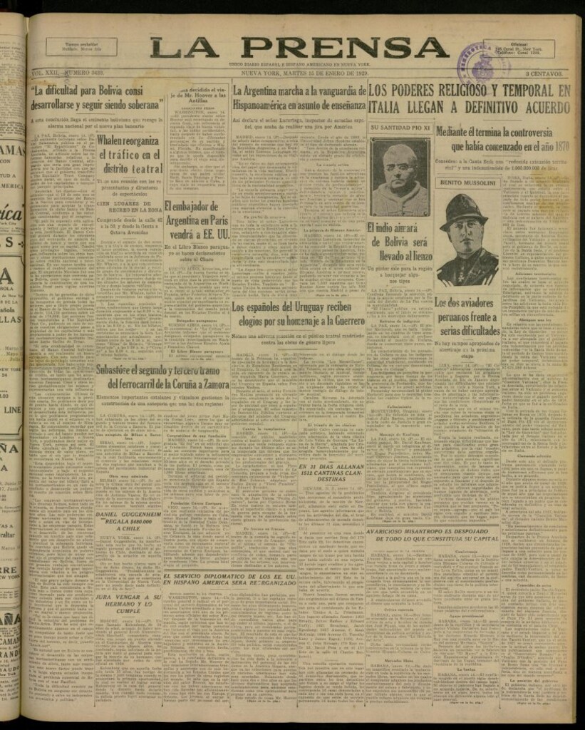 Miniatura de La Prensa: único diario español e hispano americano en Nueva York, del 15 de enero de 1929, nº 3433