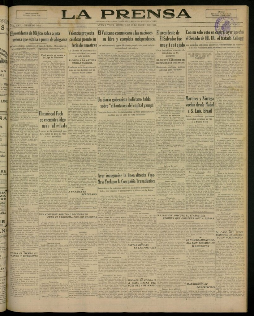 Miniatura de La Prensa: único diario español e hispano americano en Nueva York, del 16 de enero de 1929, nº 3434