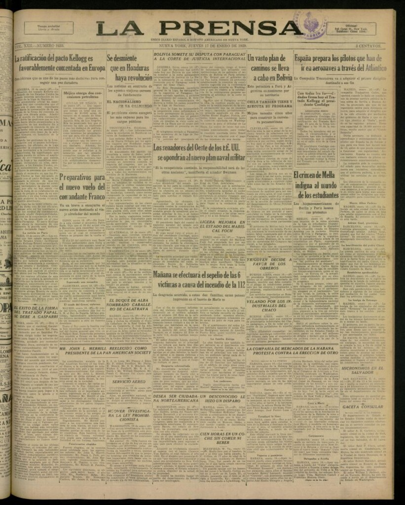 Miniatura de La Prensa: único diario español e hispano americano en Nueva York, del 17 de enero de 1929, nº 3435