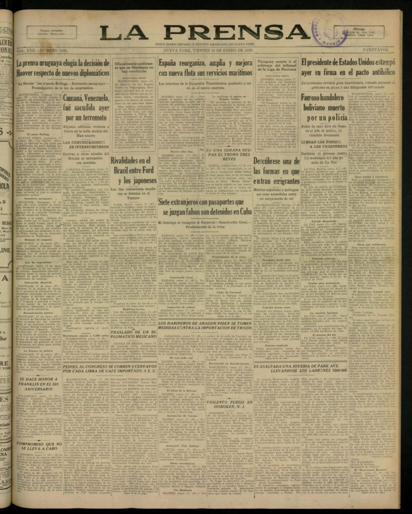 Miniatura de La Prensa: único diario español e hispano americano en Nueva York, del 18 de enero de 1929, nº 3436