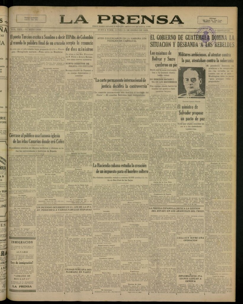 Miniatura de La Prensa: único diario español e hispano americano en Nueva York, del 21 de enero de 1929, nº 3438