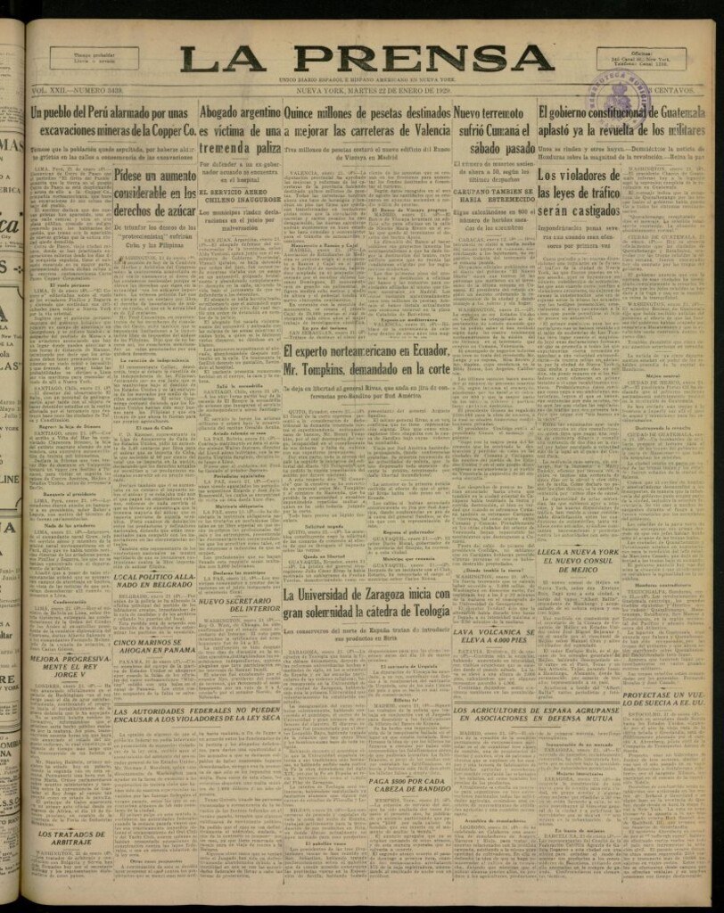 Miniatura de La Prensa: único diario español e hispano americano en Nueva York, del 22 de enero de 1929, nº 3439