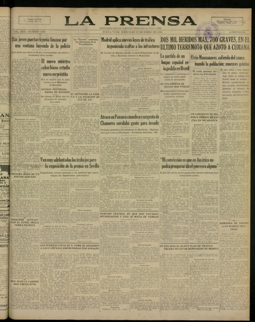 Miniatura de La Prensa: único diario español e hispano americano en Nueva York, del 23 de enero de 1929, nº 3440