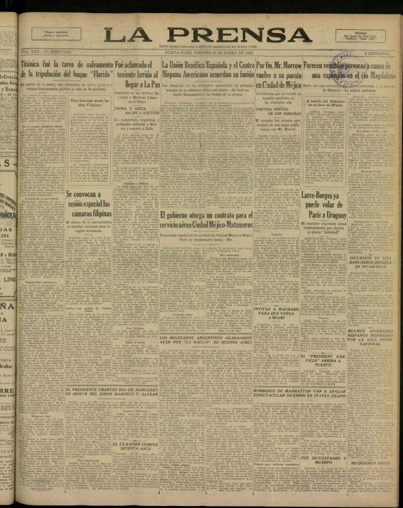 Miniatura de La Prensa: único diario español e hispano americano en Nueva York, del 25 de enero de 1929, nº 3442