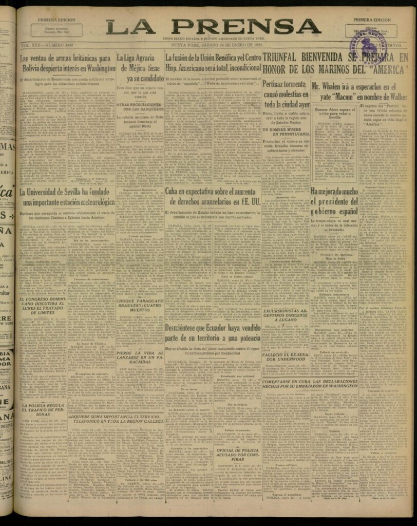 Miniatura de La Prensa: único diario español e hispano americano en Nueva York, del 26 de enero de 1929, nº 3443