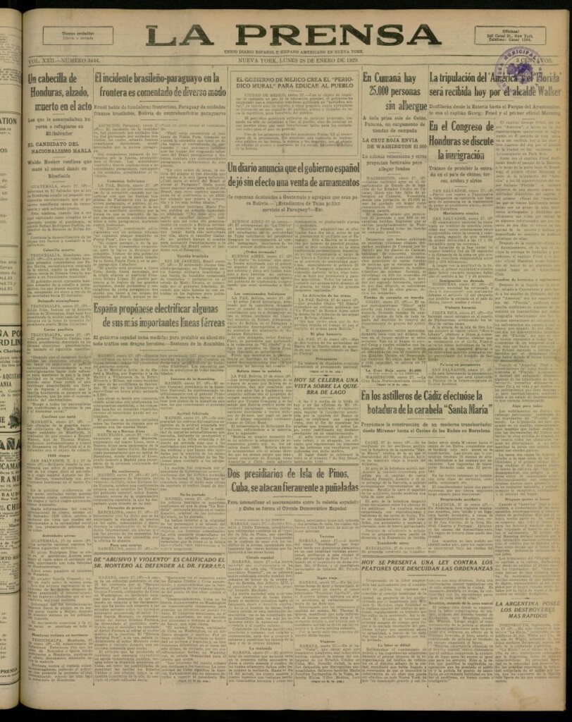 Miniatura de La Prensa: único diario español e hispano americano en Nueva York, del 28 de enero de 1929, nº 3444