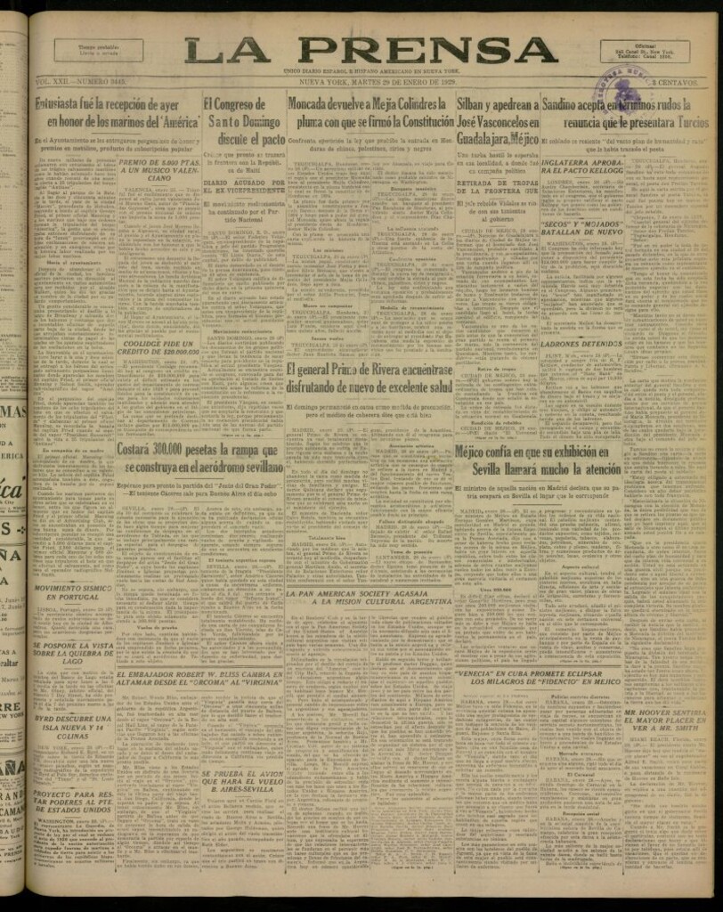 Miniatura de La Prensa: único diario español e hispano americano en Nueva York, del 29 de enero de 1929, nº 3445