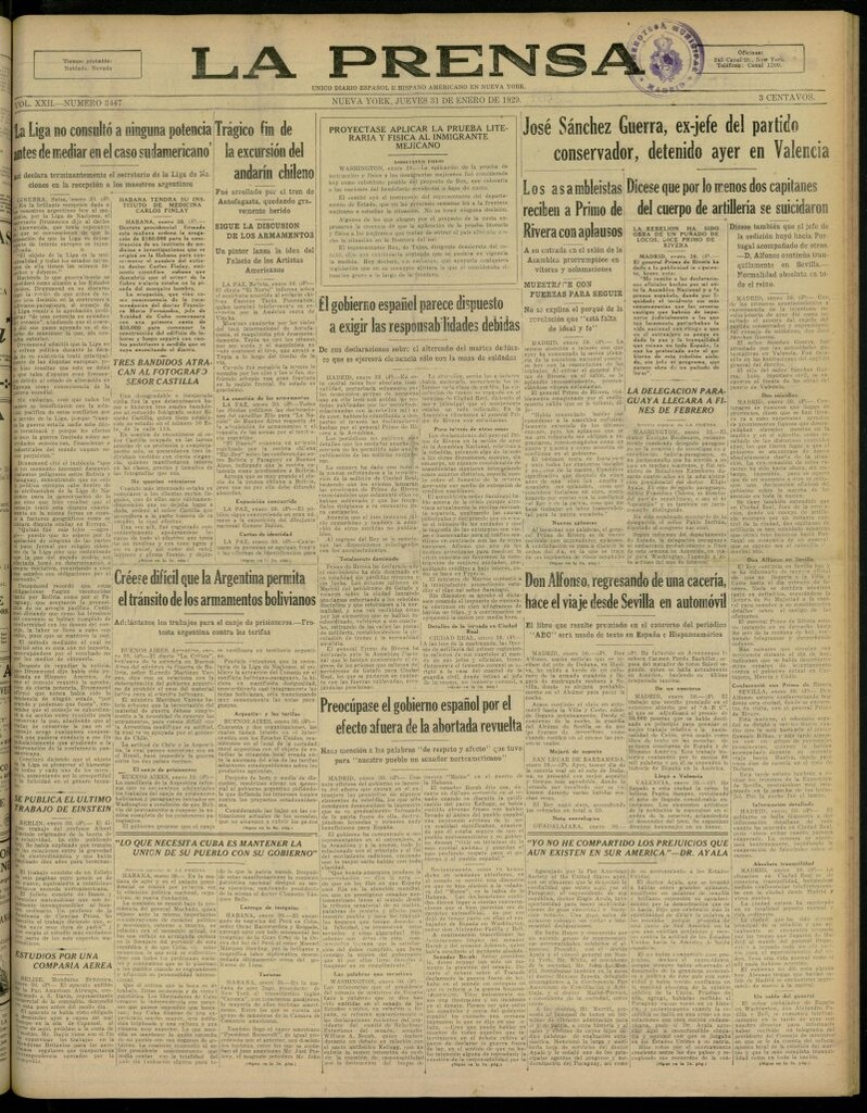Miniatura de La Prensa: único diario español e hispano americano en Nueva York, del 31 de enero de 1929, nº 3447
